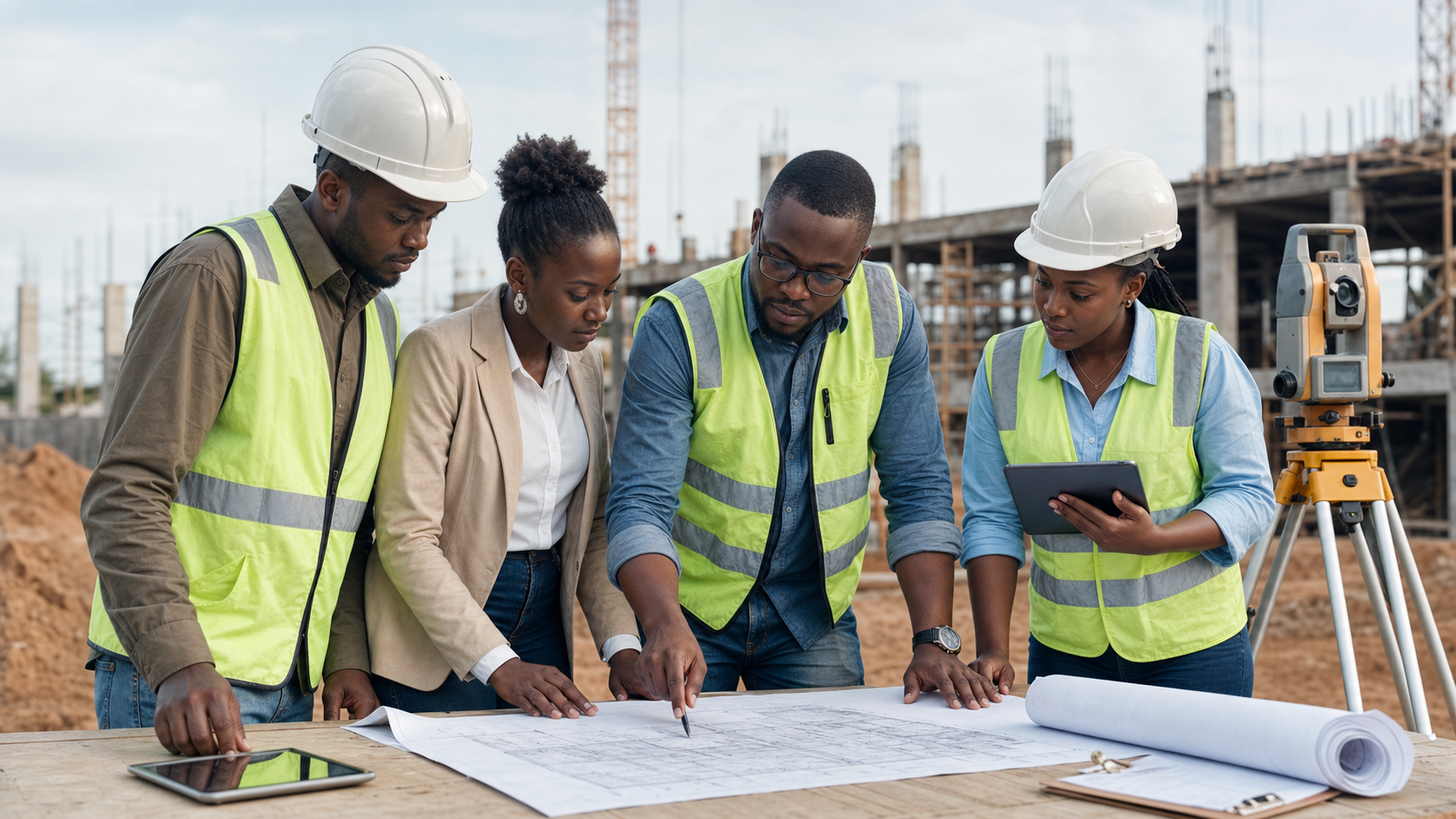 Équipe africaine de géomètres sur un chantier topographique